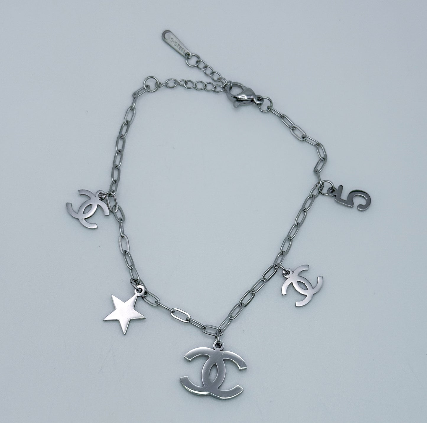Silver CC Designer Stainless Steel Adjustable Bracelet