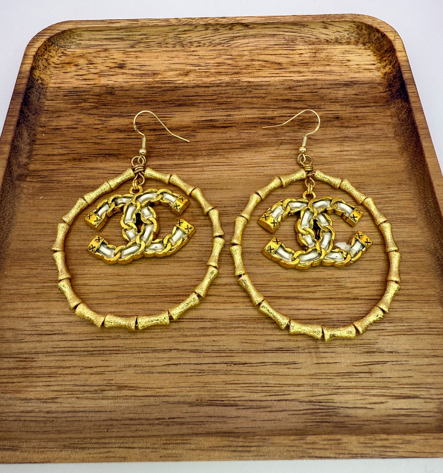 Gold Bamboo CC Designer Hoop Earrings