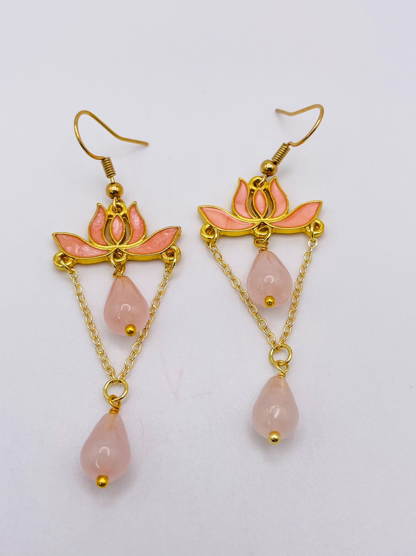 Gold Colorful Lotus Earrings with Natural Crystal Beaded Teardrops