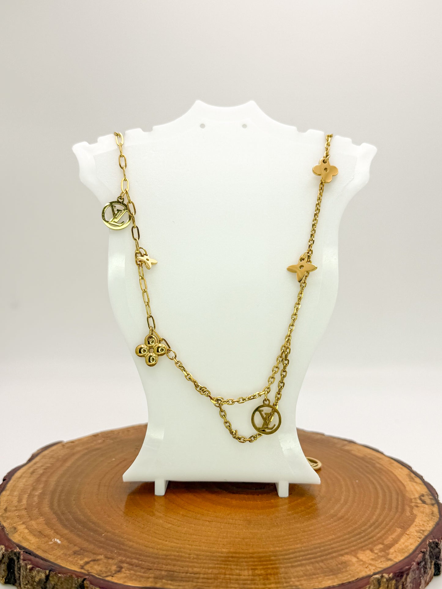Matching LV Designer Logo Gold Stainless Steel Necklace & Bracelet Set