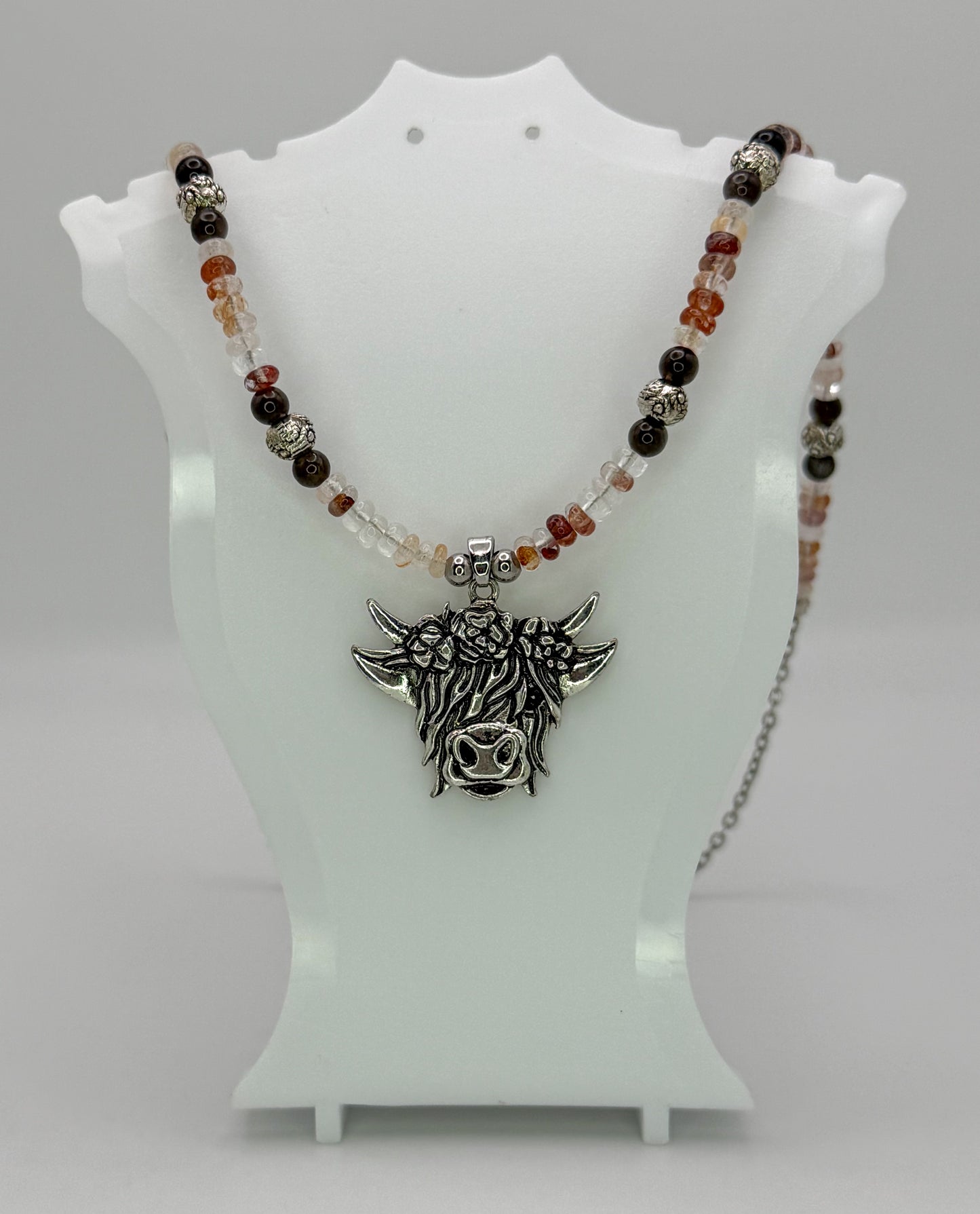 Natural Fire Quartz & Silver Highland Cow Pendant Necklace