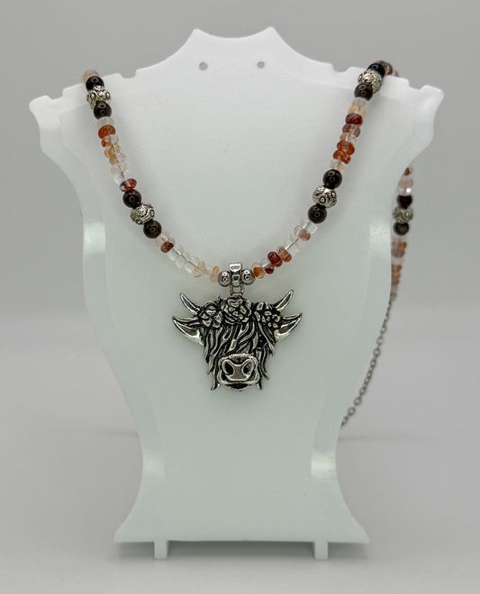 Natural Fire Quartz & Silver Highland Cow Pendant Necklace