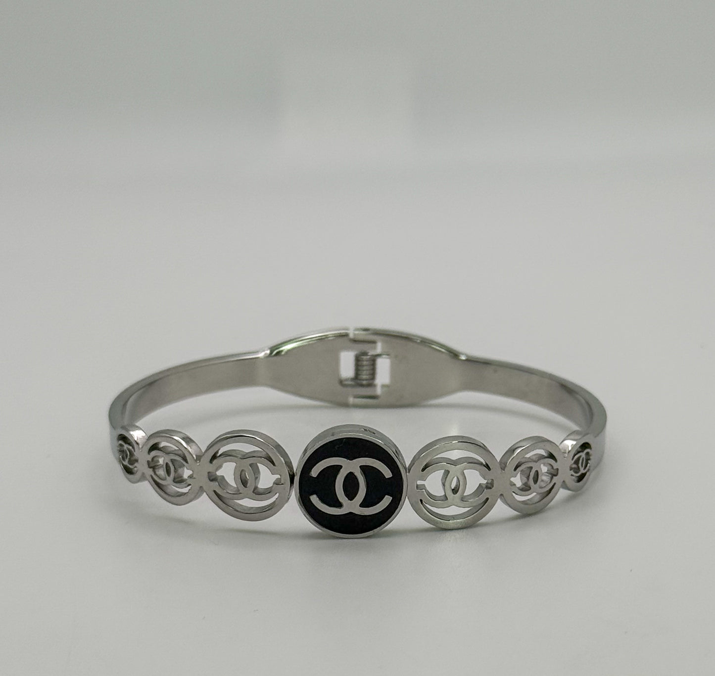 Silver CC Open Front Bangle Bracelet