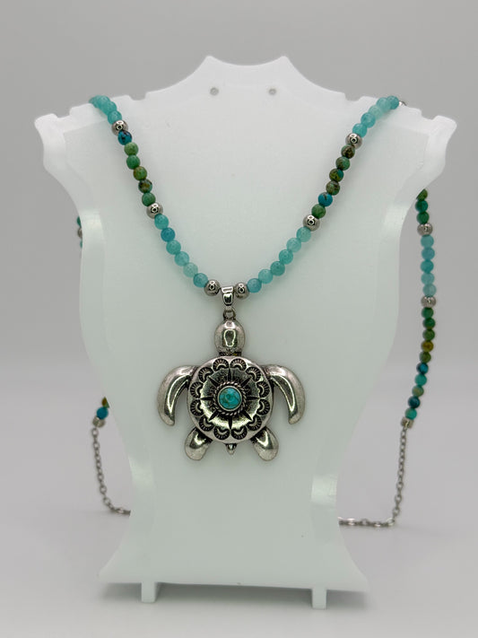 Natural Turquoise & Amazonite Crystal Beaded Necklace with Silver Sea Turtle Pendant