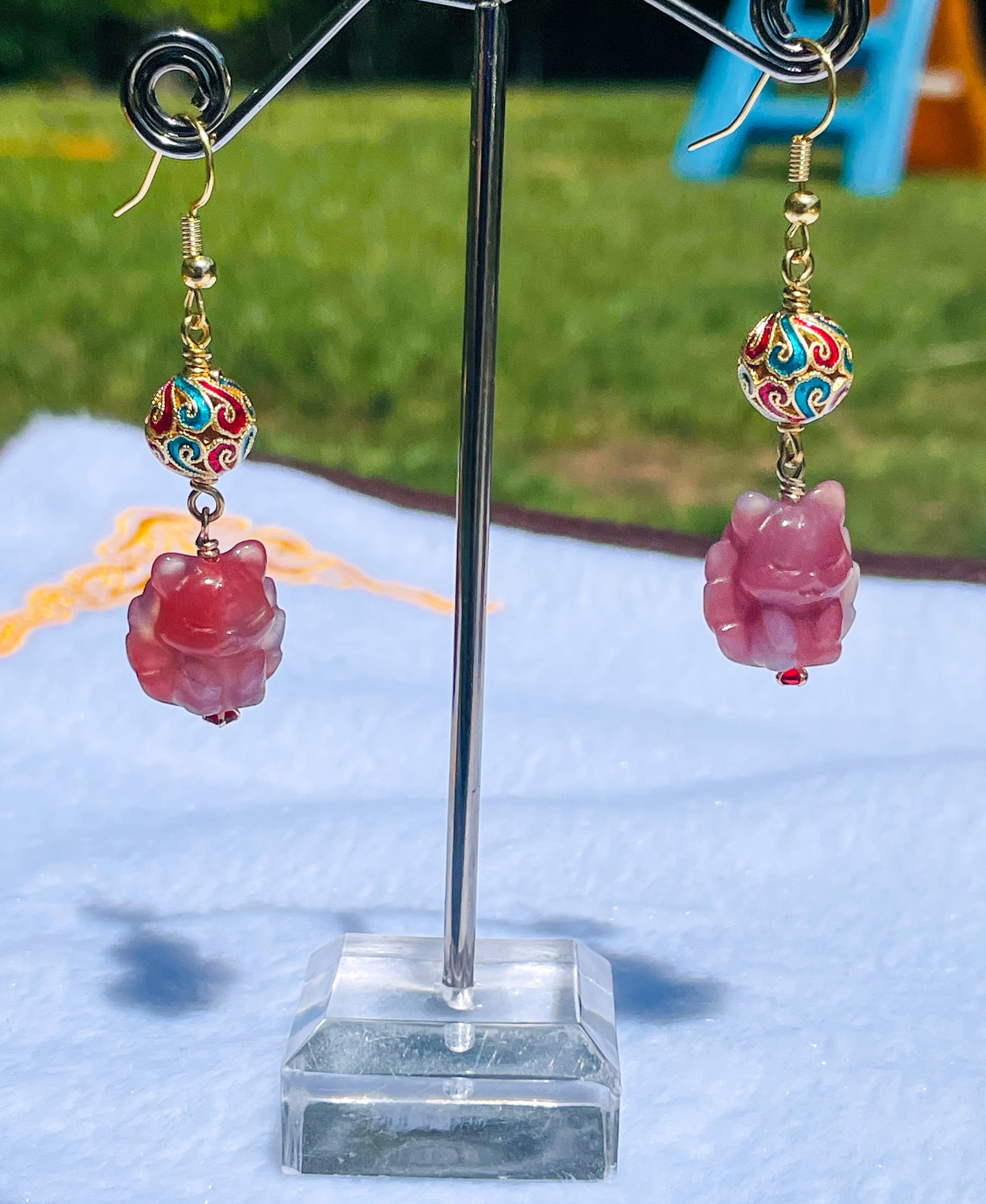 Natural Yanyuan Agate 9 Tail Fox Carving Gold S925 Earrings
