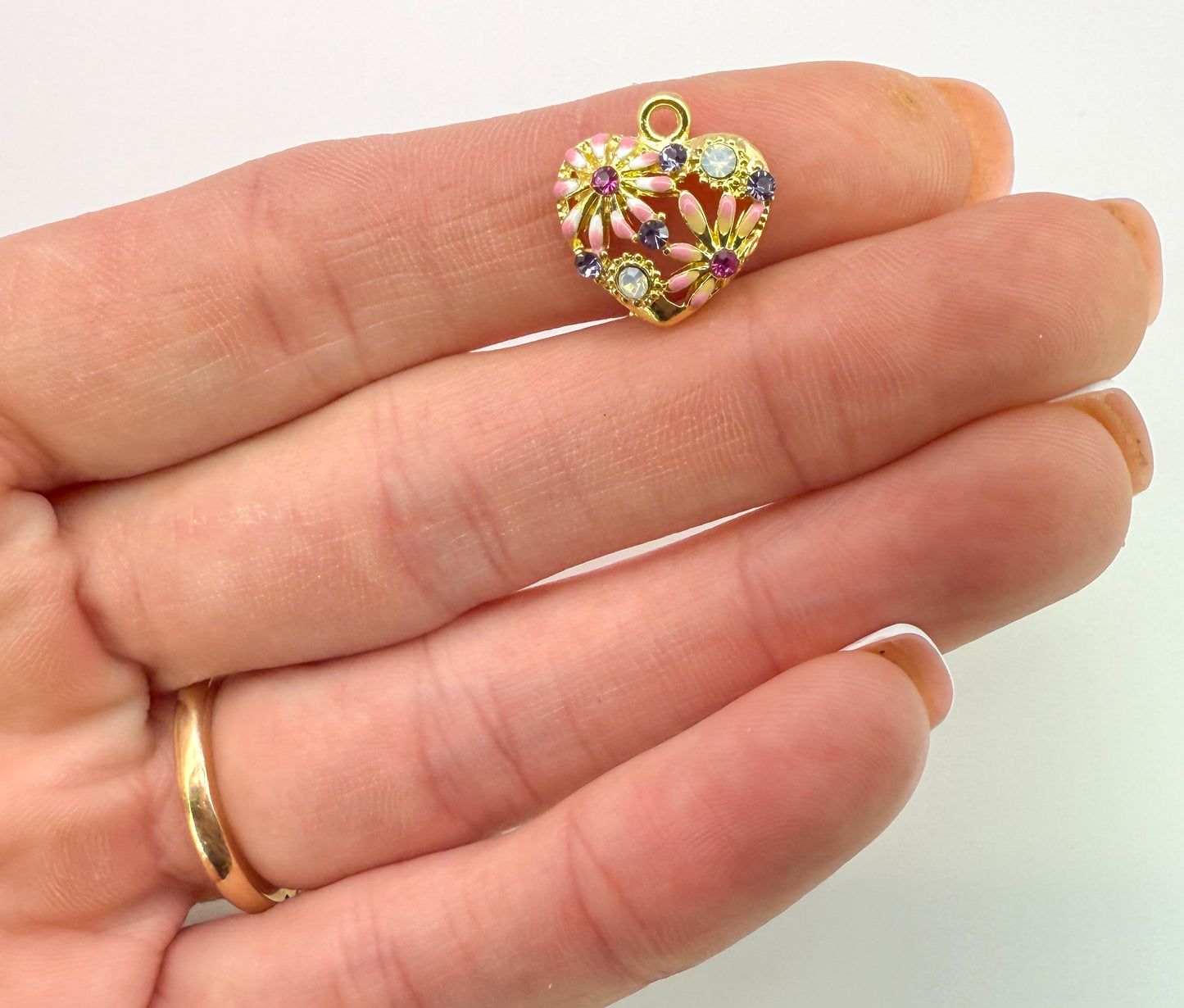 High Quality Gold Flower n Rhinestone Heart DIY Charm