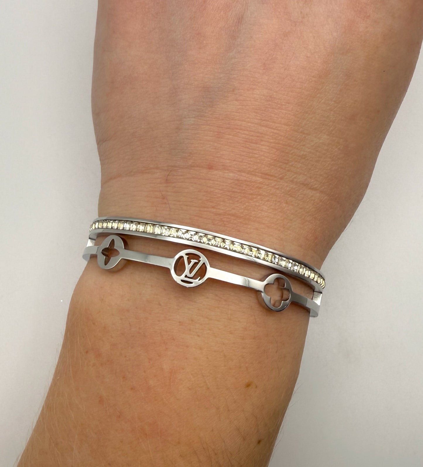 Silver Stainless Steel LV Designer with Rhinestones Bangle Bracelet