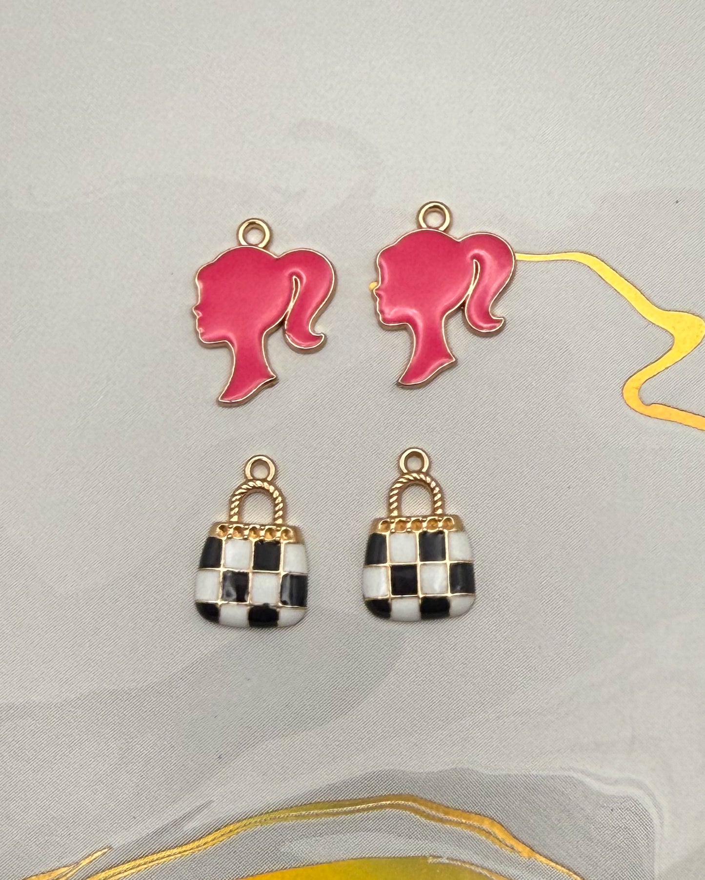 Pink Enamel Barbie Head & Checker Purse Bag DIY Metal Charms