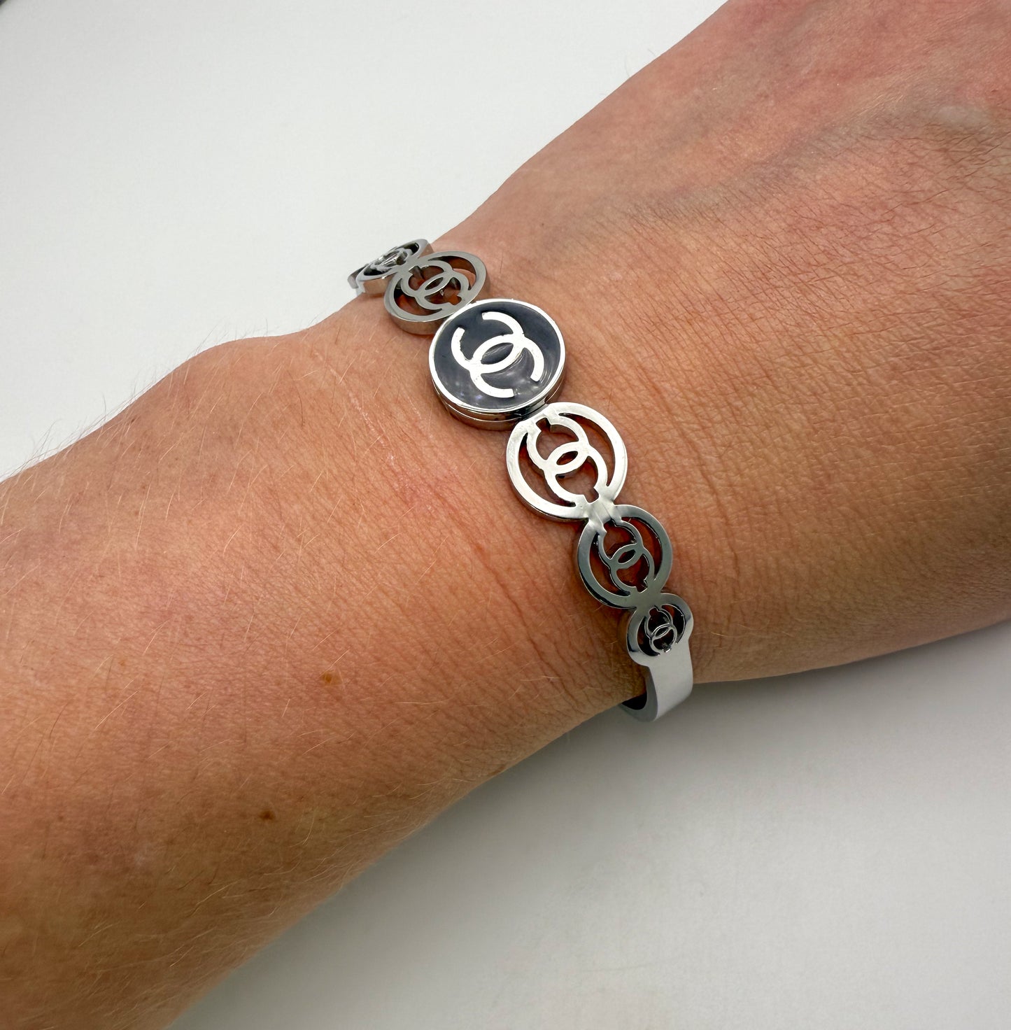 Silver CC Open Front Bangle Bracelet