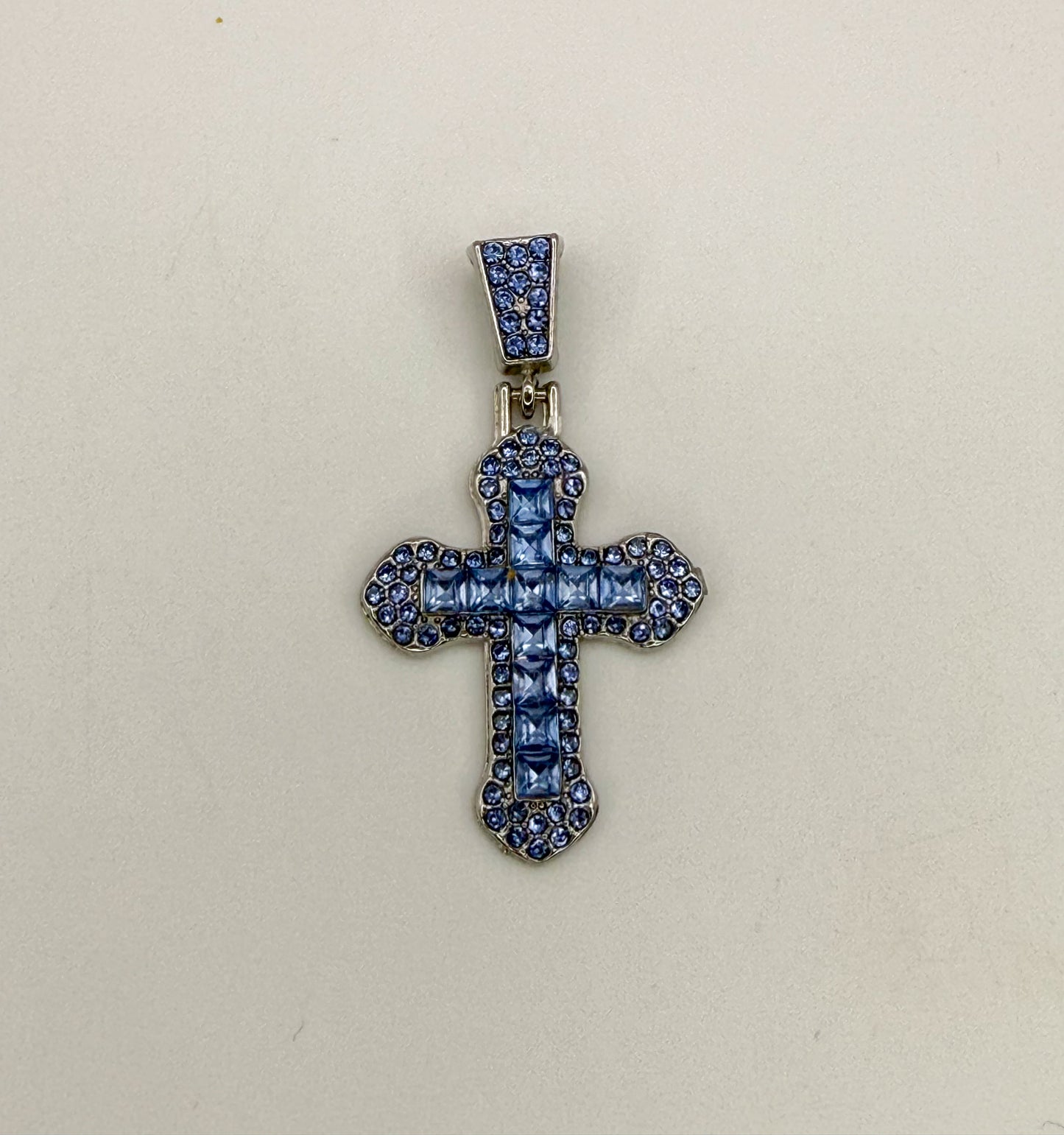 Blue Zircon Covered Silver Cross Pendant