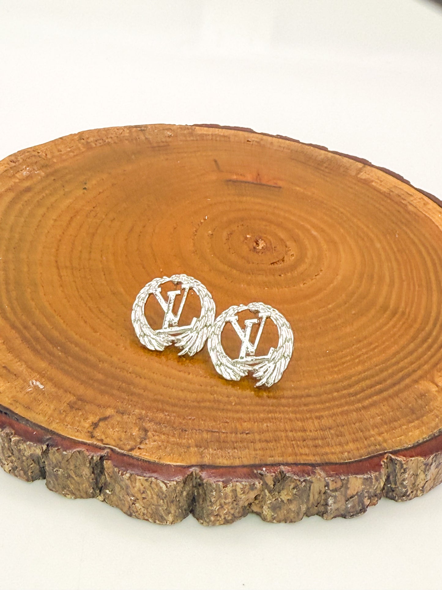 Silver LV Designer Feathered Round Stud Earrings
