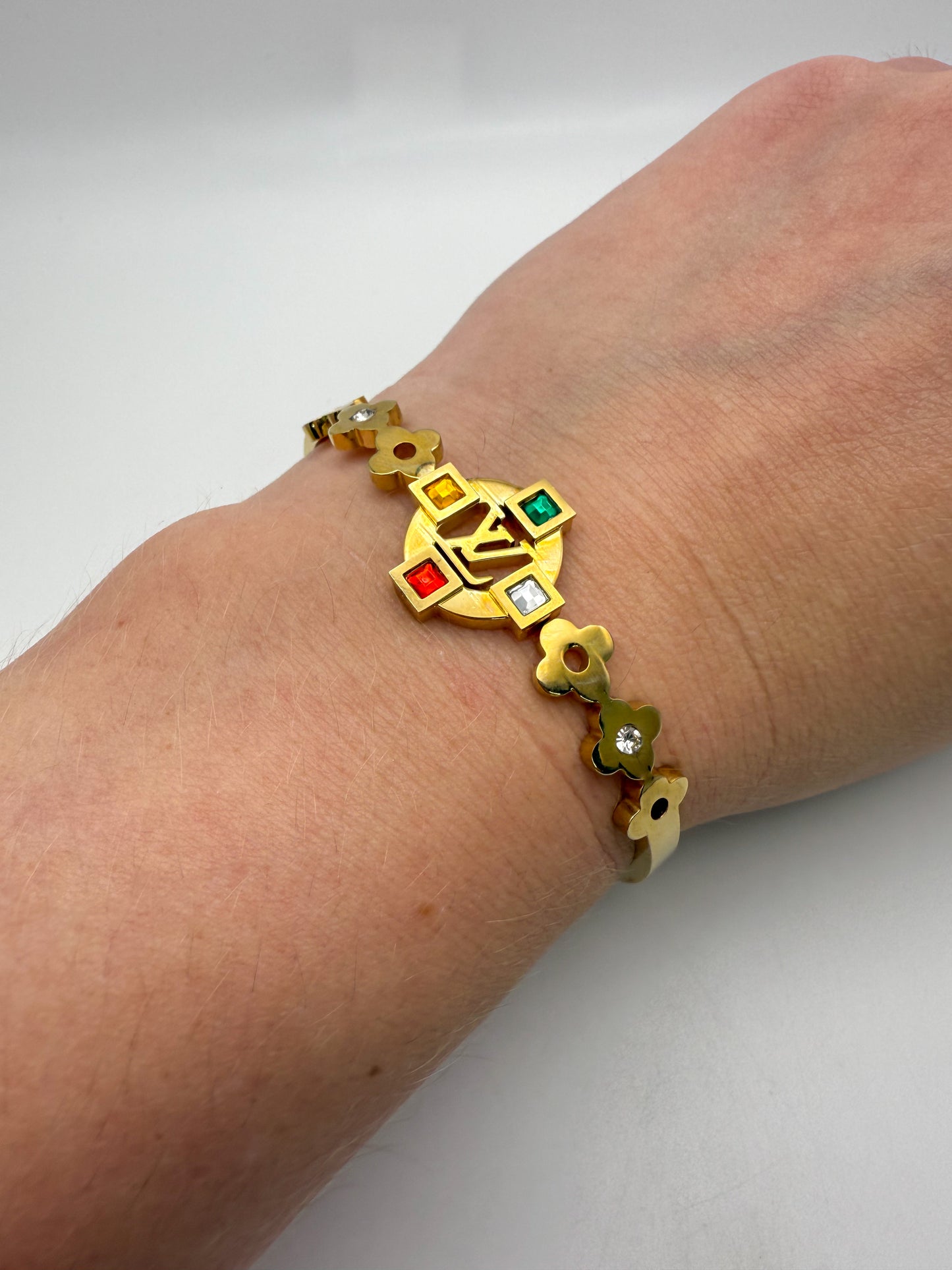 Gold LV Open Front Bangle Bracelet with Colorful Zircon