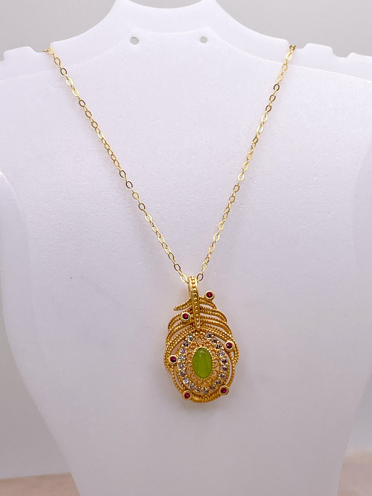 Gold overlay over Sterling Silver Green Jade Gem Feather Necklace