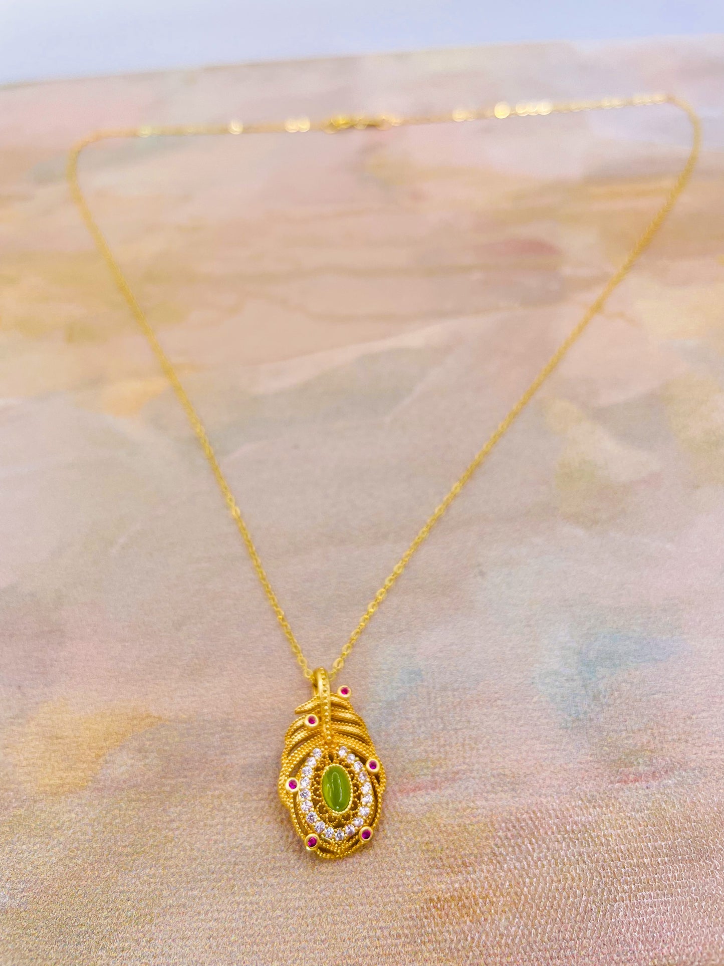 Gold overlay over Sterling Silver Green Jade Gem Feather Necklace