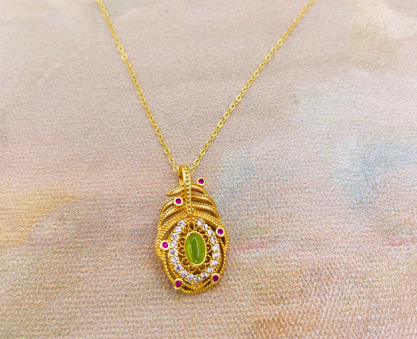 Gold overlay over Sterling Silver Green Jade Gem Feather Necklace