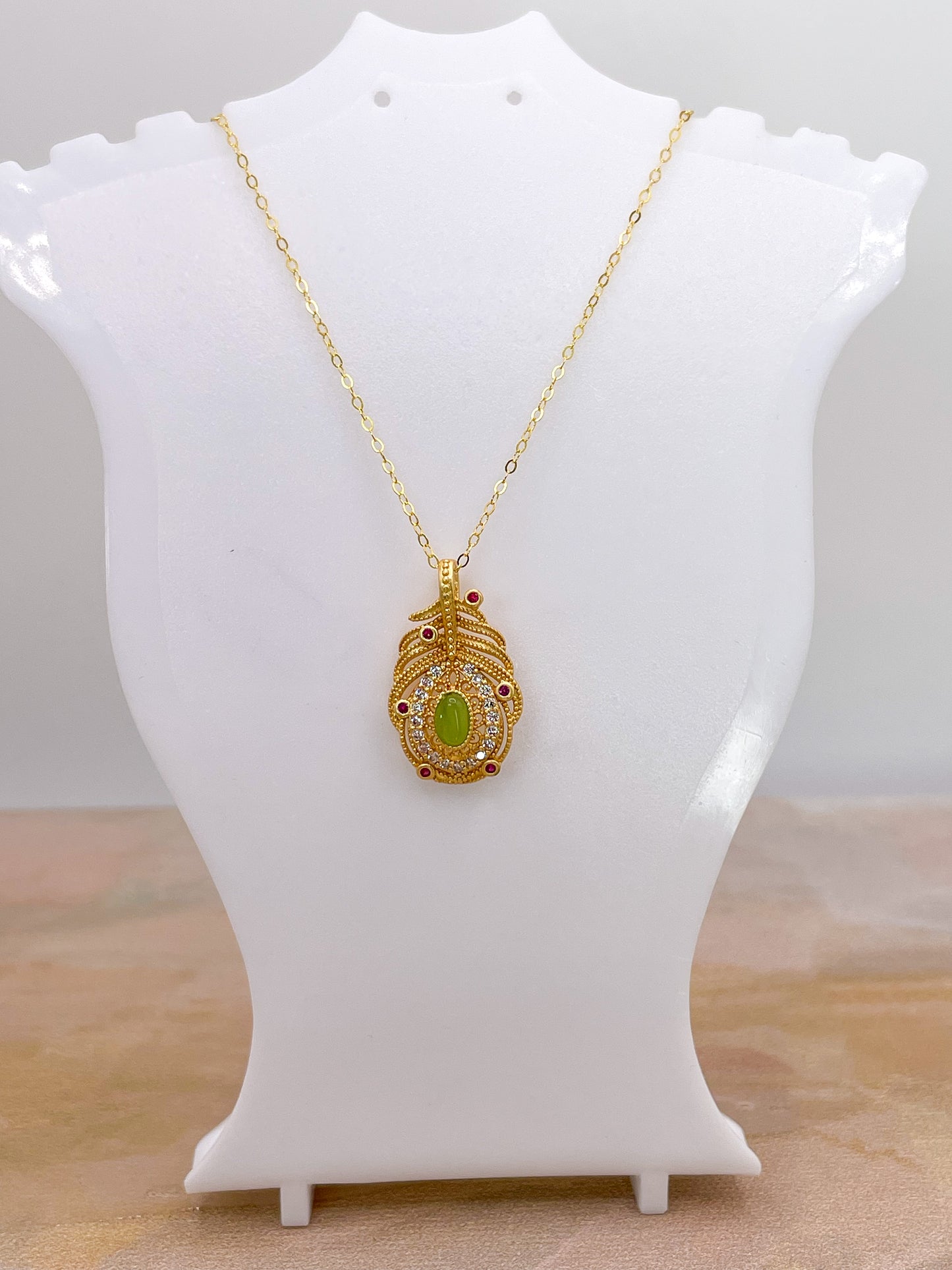 Gold overlay over Sterling Silver Green Jade Gem Feather Necklace