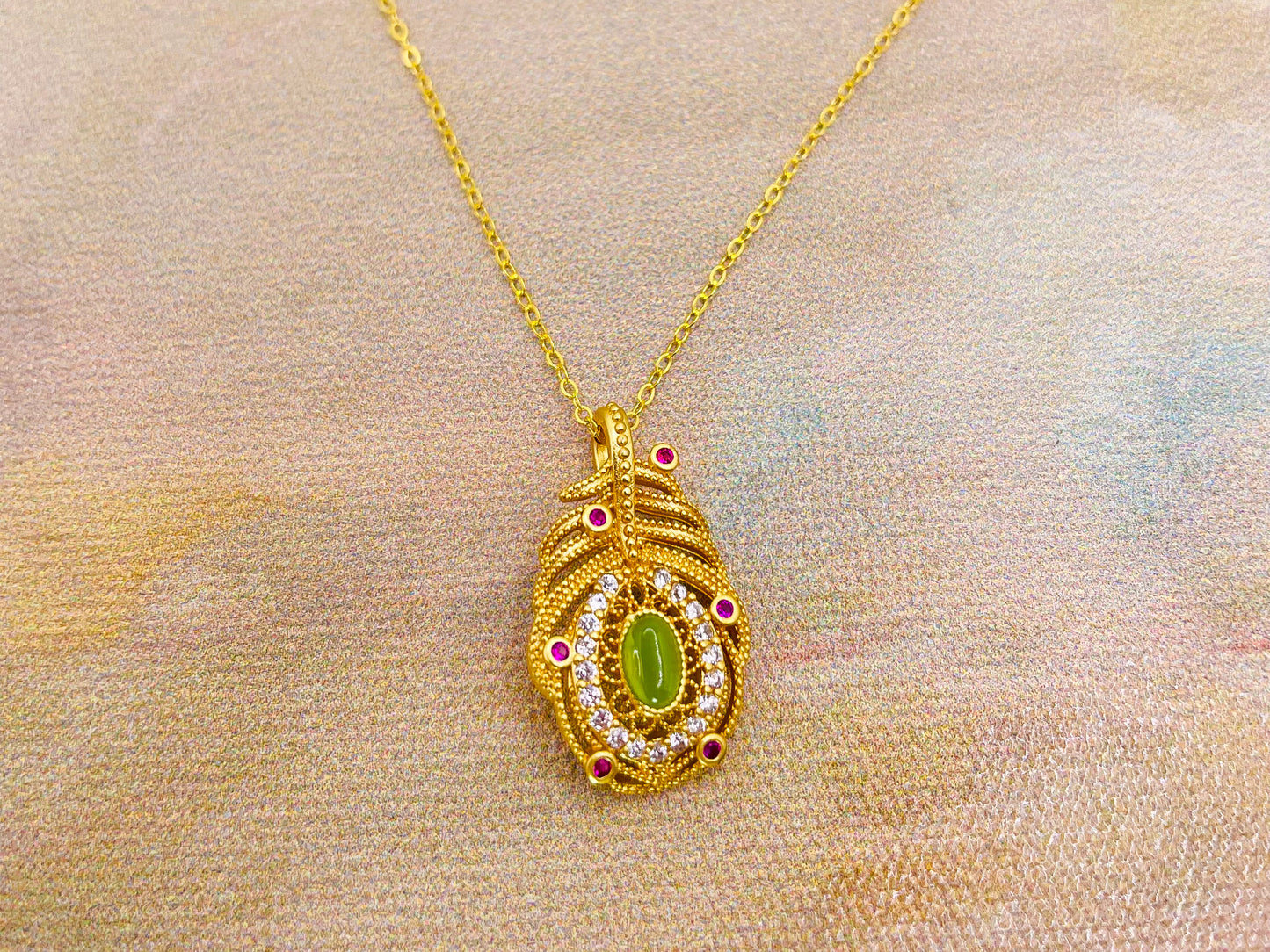 Gold overlay over Sterling Silver Green Jade Gem Feather Necklace