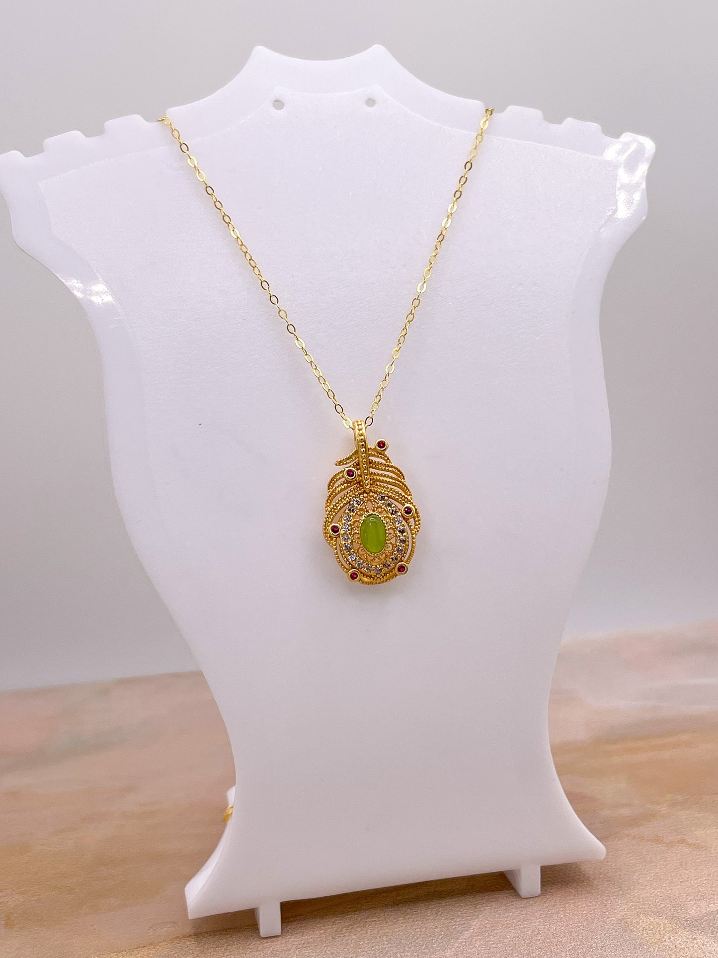 Gold overlay over Sterling Silver Green Jade Gem Feather Necklace
