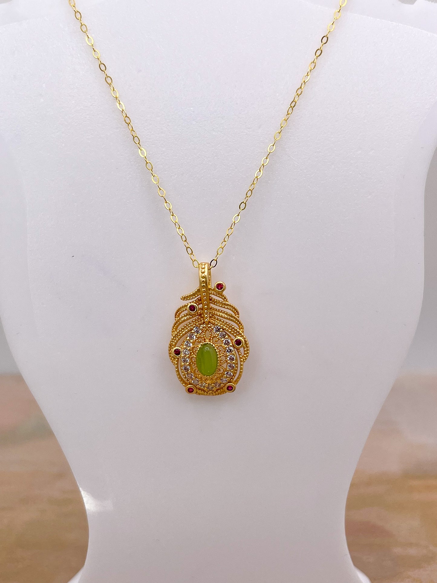 Gold overlay over Sterling Silver Green Jade Gem Feather Necklace