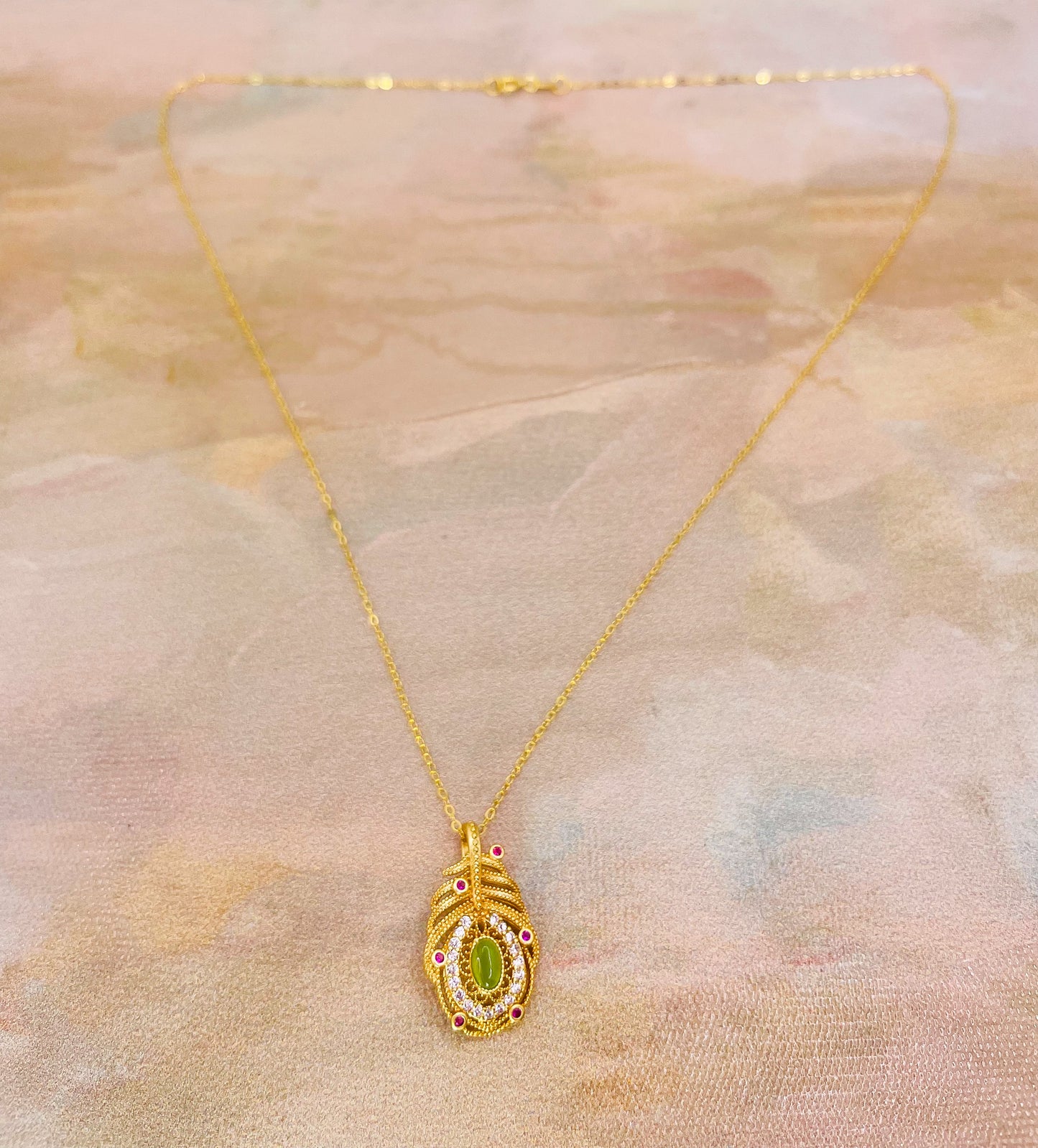Gold overlay over Sterling Silver Green Jade Gem Feather Necklace
