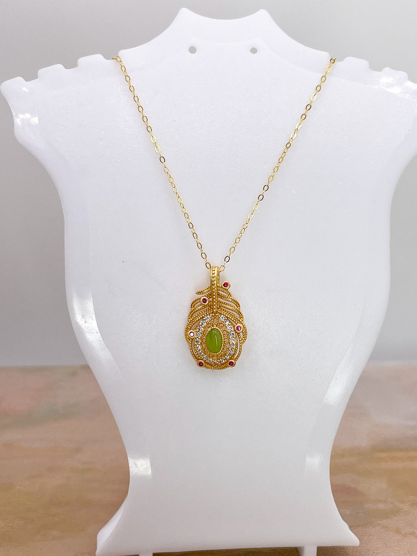 Gold overlay over Sterling Silver Green Jade Gem Feather Necklace