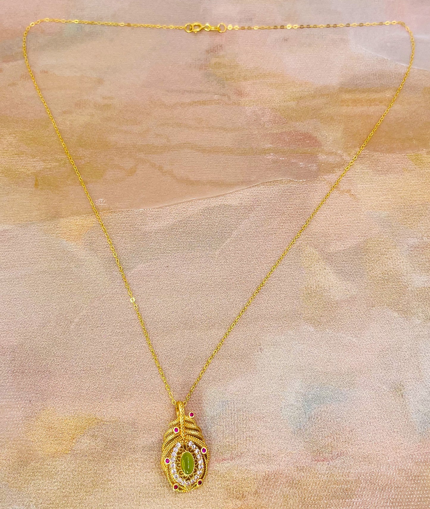 Gold overlay over Sterling Silver Green Jade Gem Feather Necklace