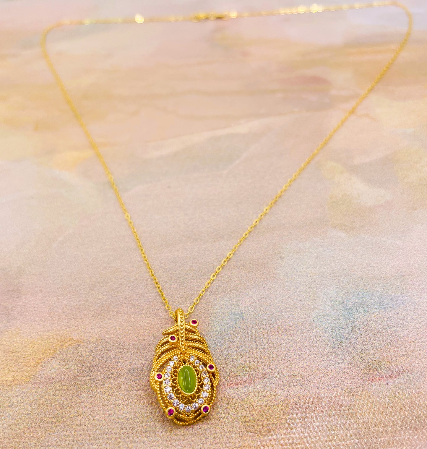 Gold overlay over Sterling Silver Green Jade Gem Feather Necklace