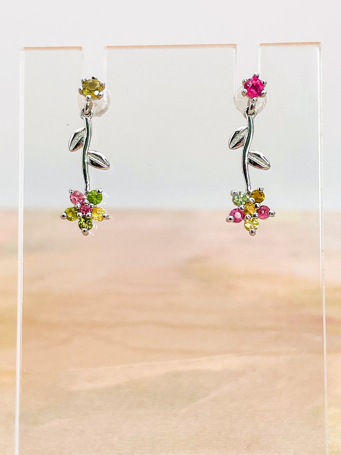Sterling Silver Natural Tourmaline Flower Dangle Stud Earrings