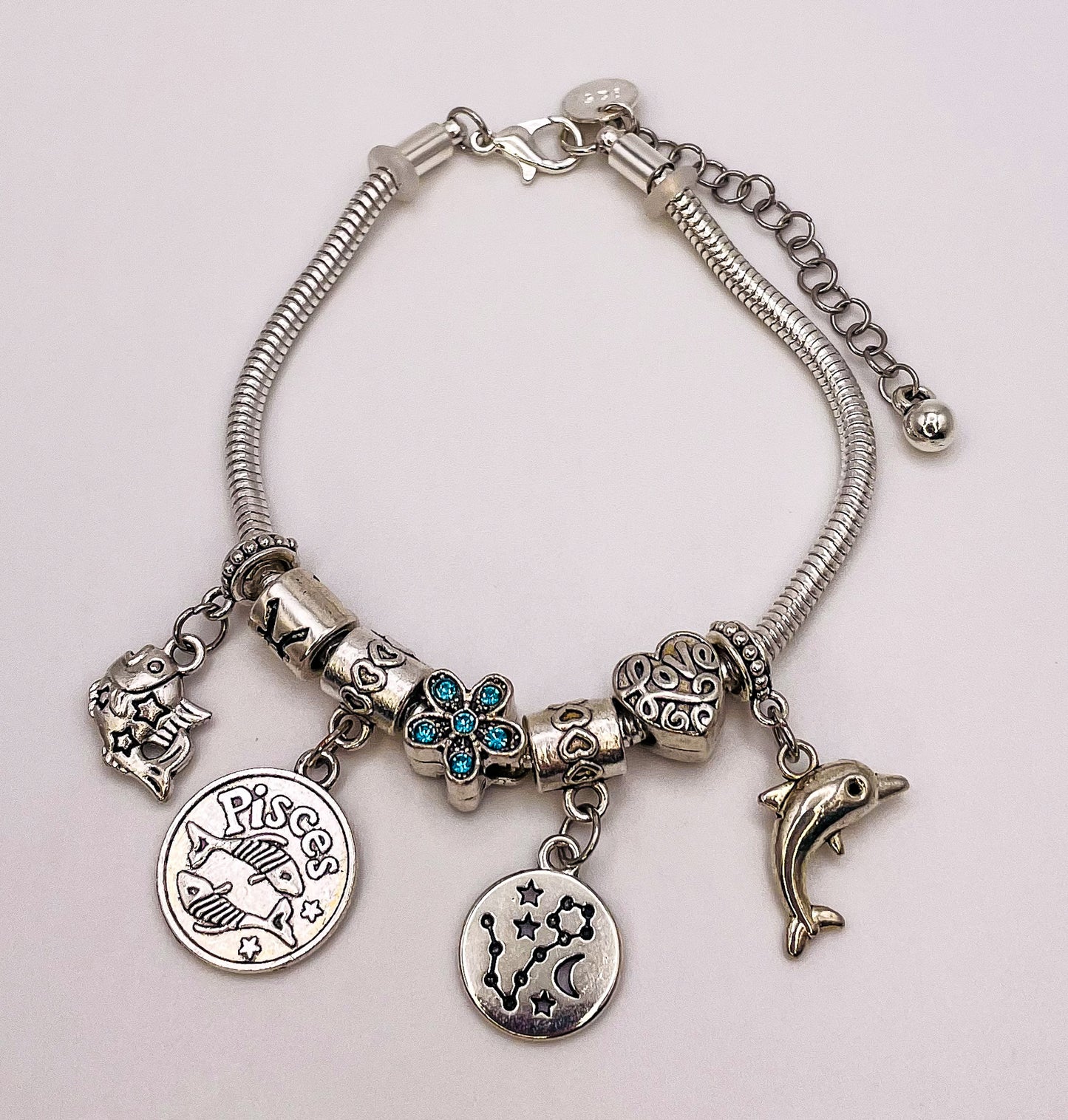Pisces Sterling Silver Snake Charm Bracelet