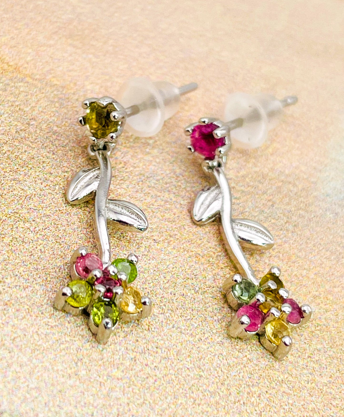 Sterling Silver Natural Tourmaline Flower Dangle Stud Earrings