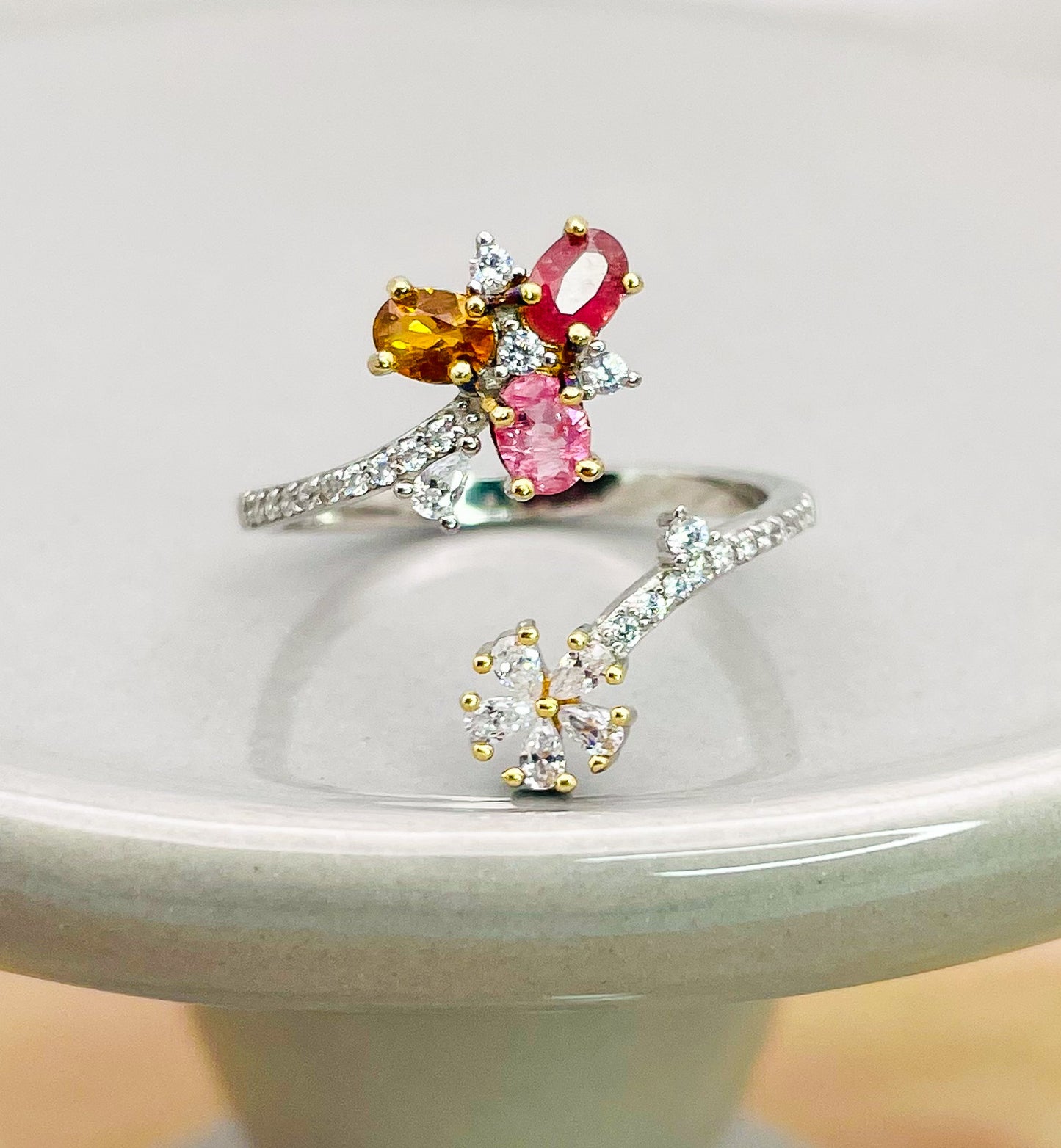Sterling Silver Natural Tourmaline & Moissanite Diamond Wrap Around Floral Ring
