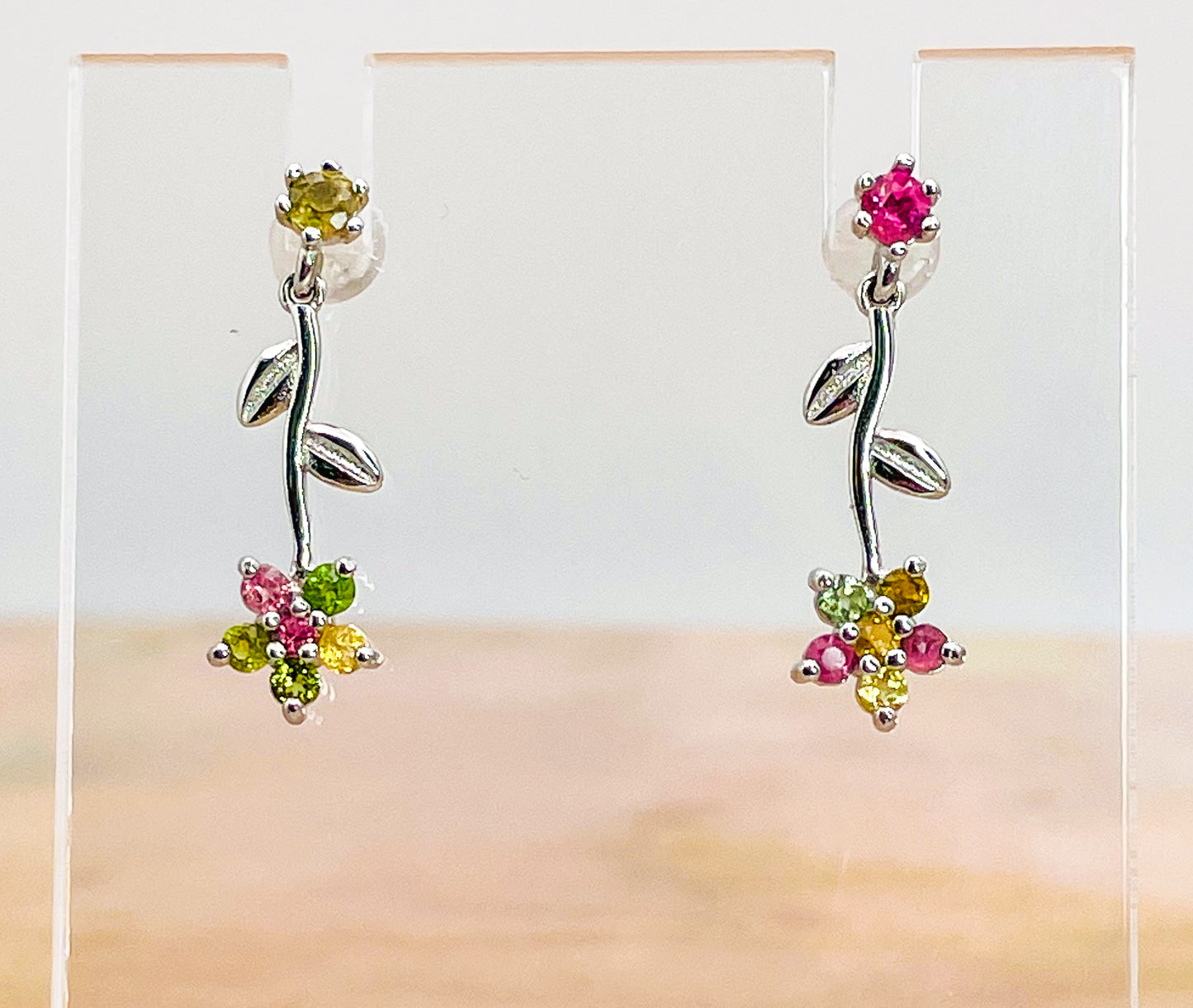 Sterling Silver Natural Tourmaline Flower Dangle Stud Earrings