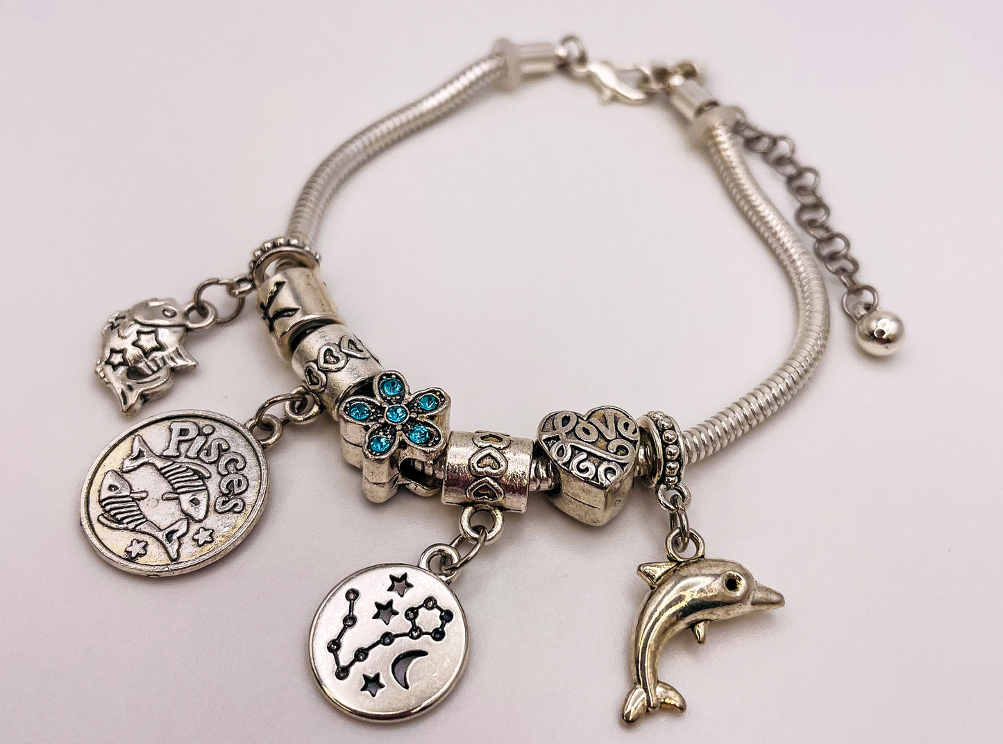Pisces Sterling Silver Snake Charm Bracelet