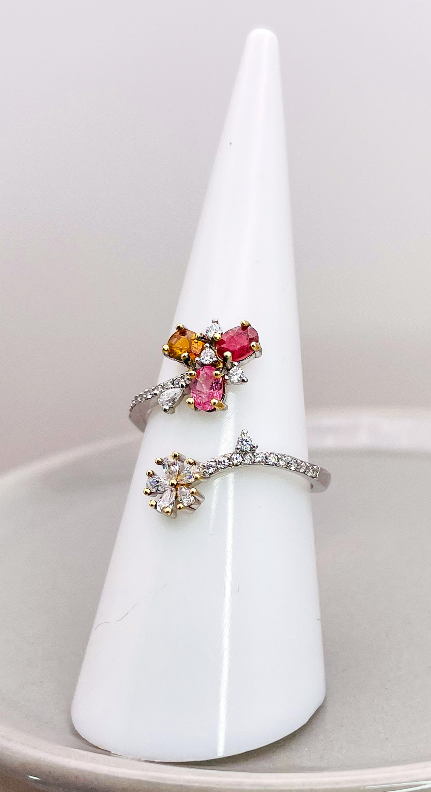 Sterling Silver Natural Tourmaline & Moissanite Diamond Wrap Around Floral Ring