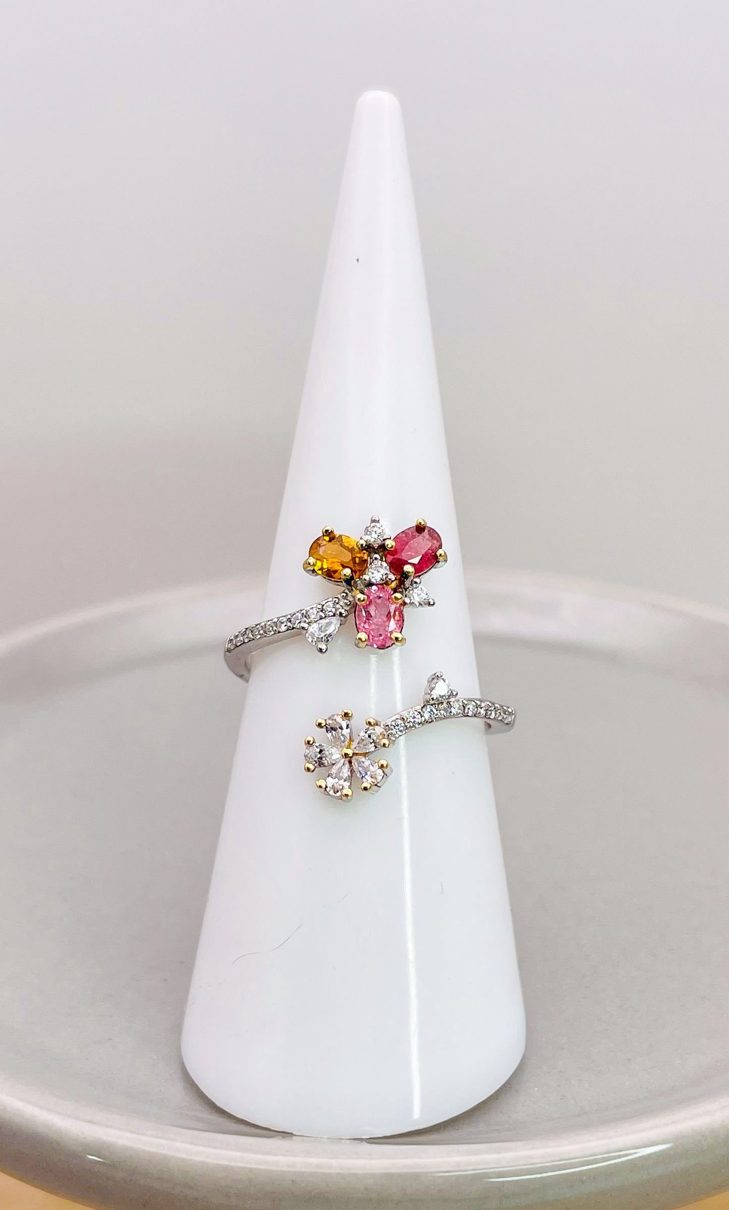 Sterling Silver Natural Tourmaline & Moissanite Diamond Wrap Around Floral Ring
