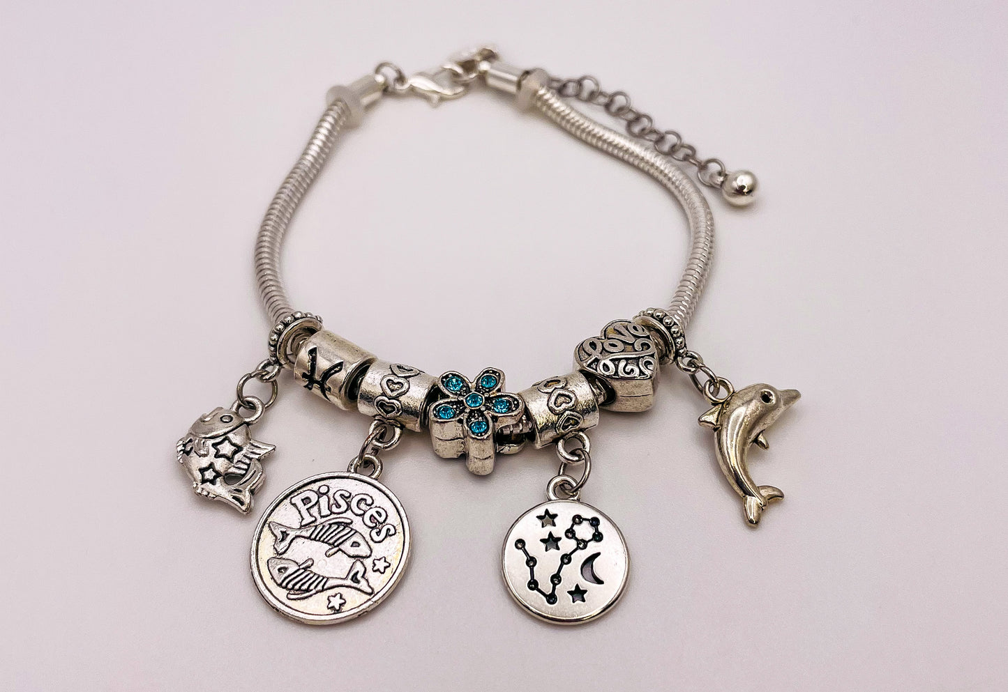 Pisces Sterling Silver Snake Charm Bracelet