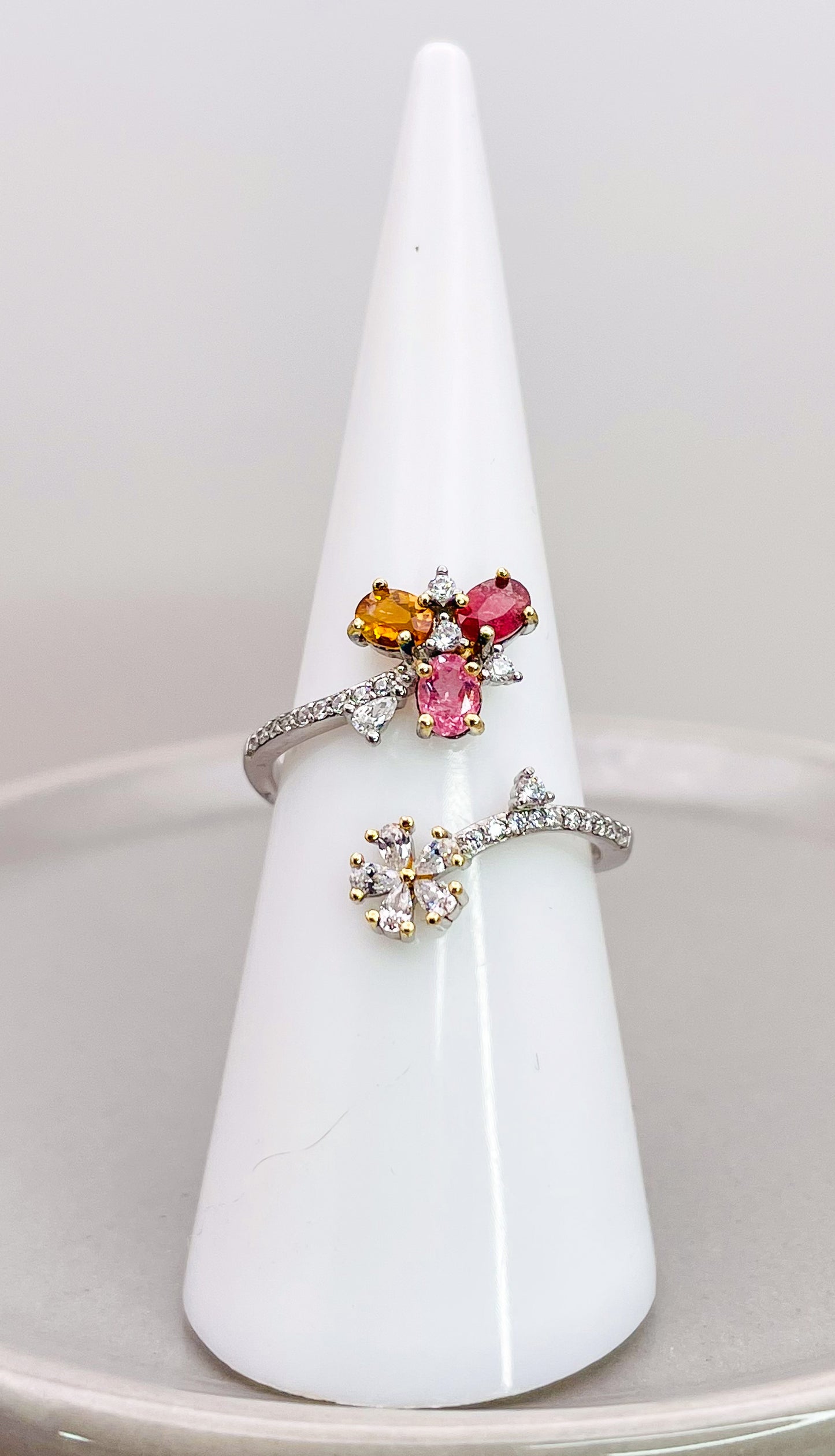 Sterling Silver Natural Tourmaline & Moissanite Diamond Wrap Around Floral Ring