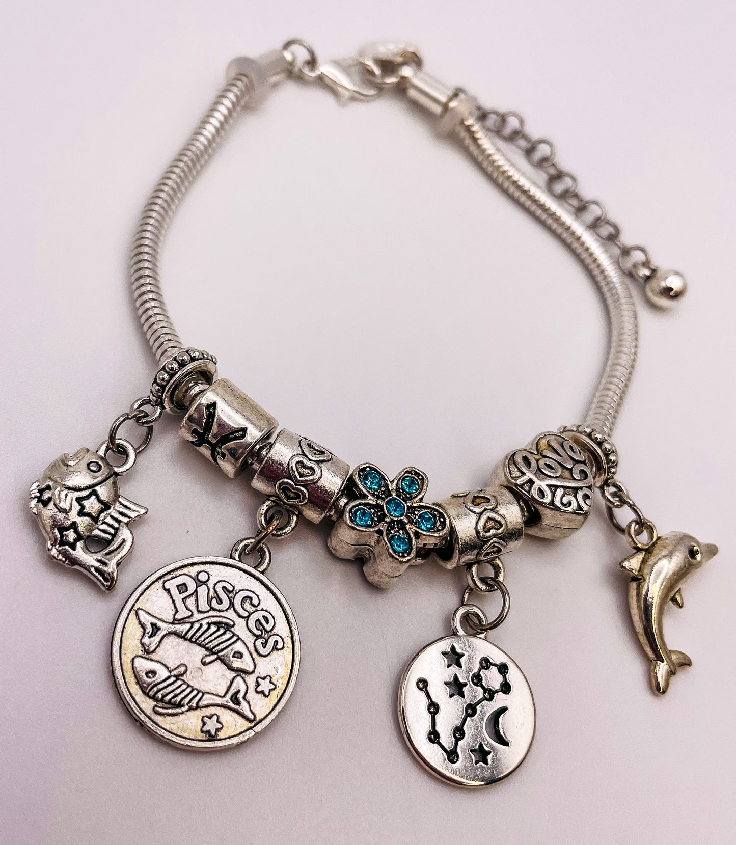 Pisces Sterling Silver Snake Charm Bracelet