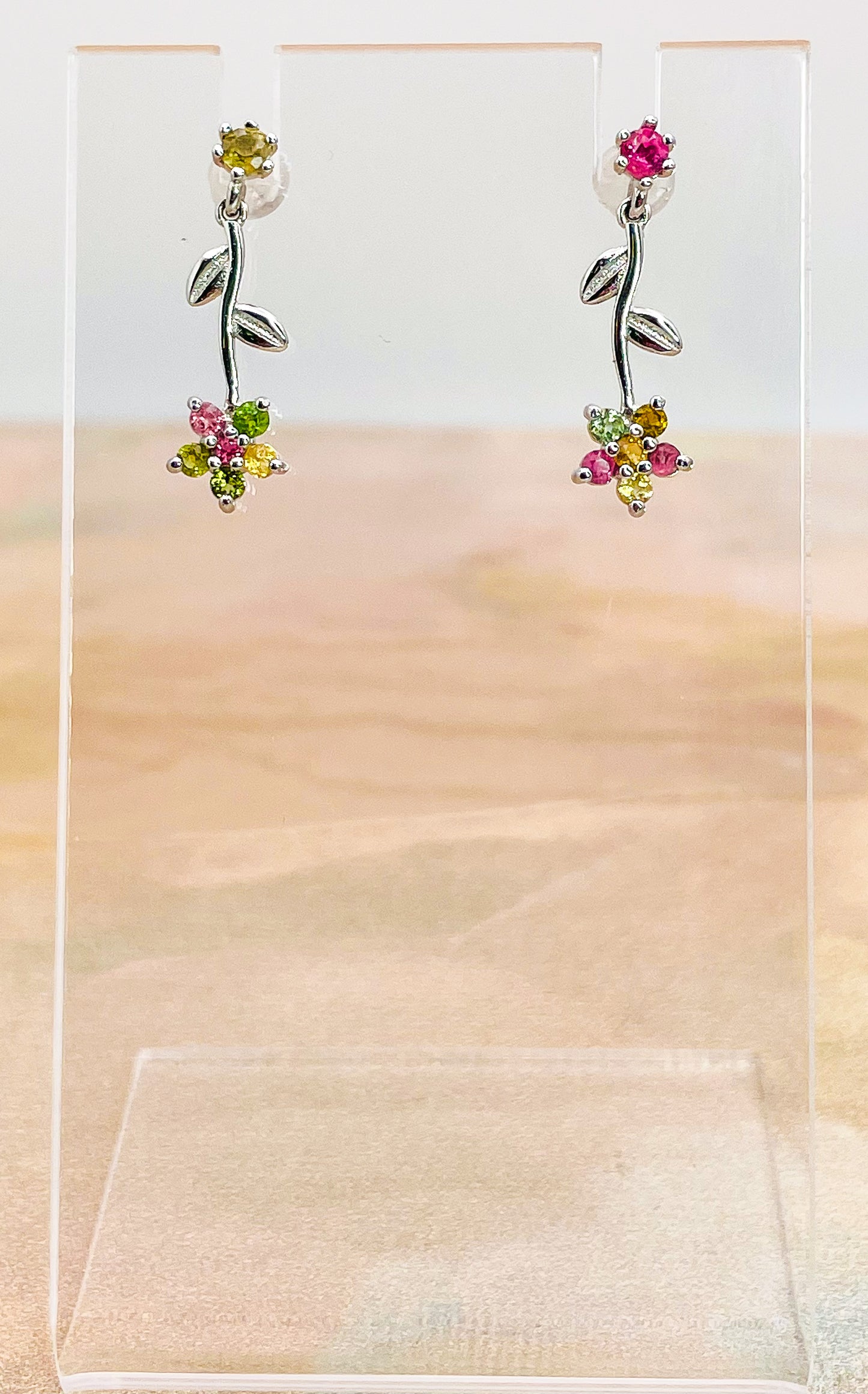 Sterling Silver Natural Tourmaline Flower Dangle Stud Earrings