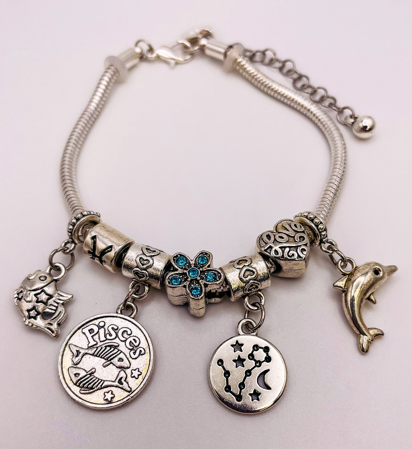 Pisces Sterling Silver Snake Charm Bracelet