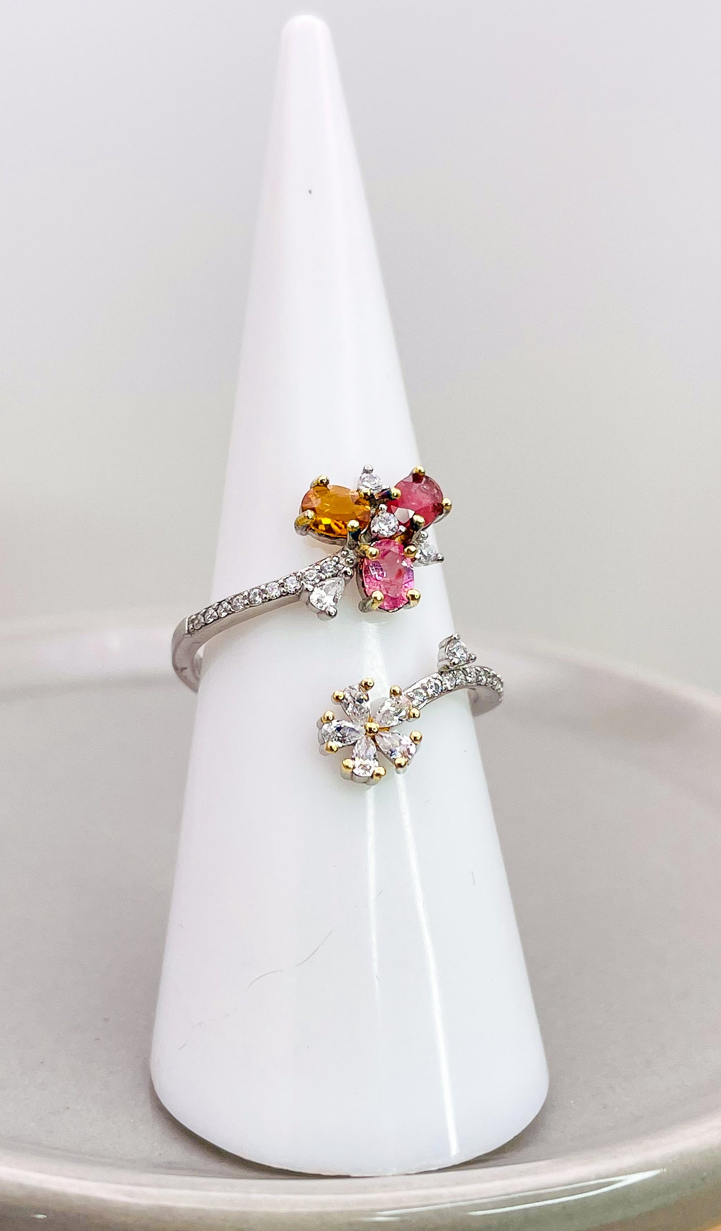 Sterling Silver Natural Tourmaline & Moissanite Diamond Wrap Around Floral Ring