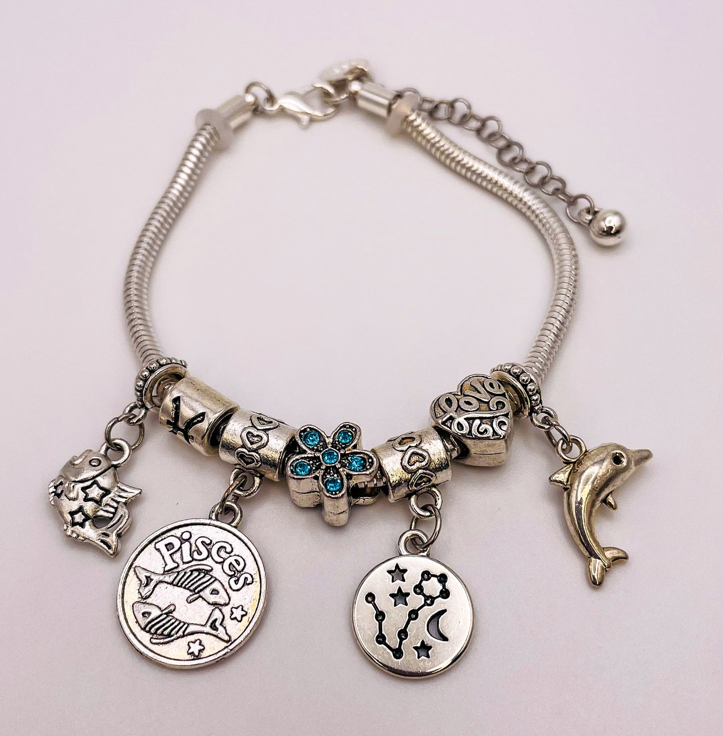 Pisces Sterling Silver Snake Charm Bracelet