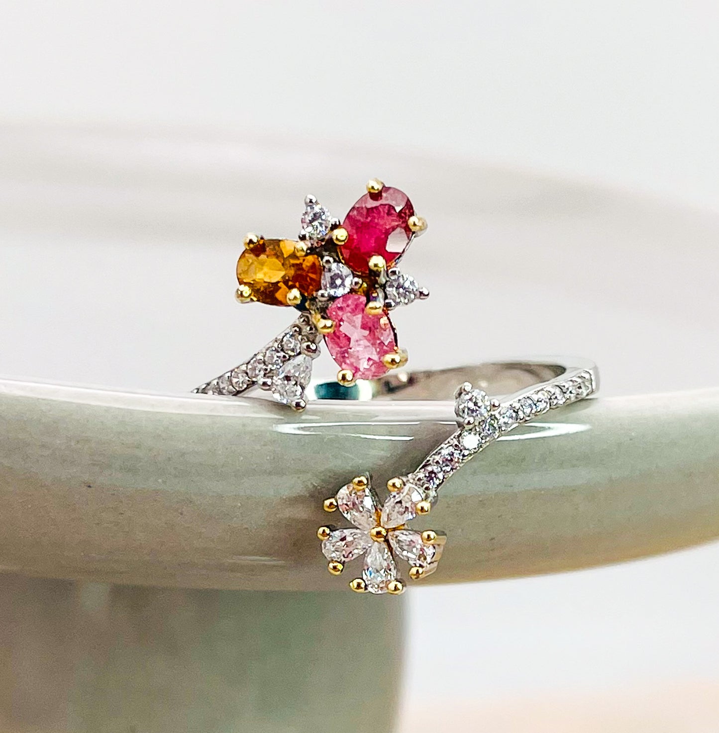Sterling Silver Natural Tourmaline & Moissanite Diamond Wrap Around Floral Ring