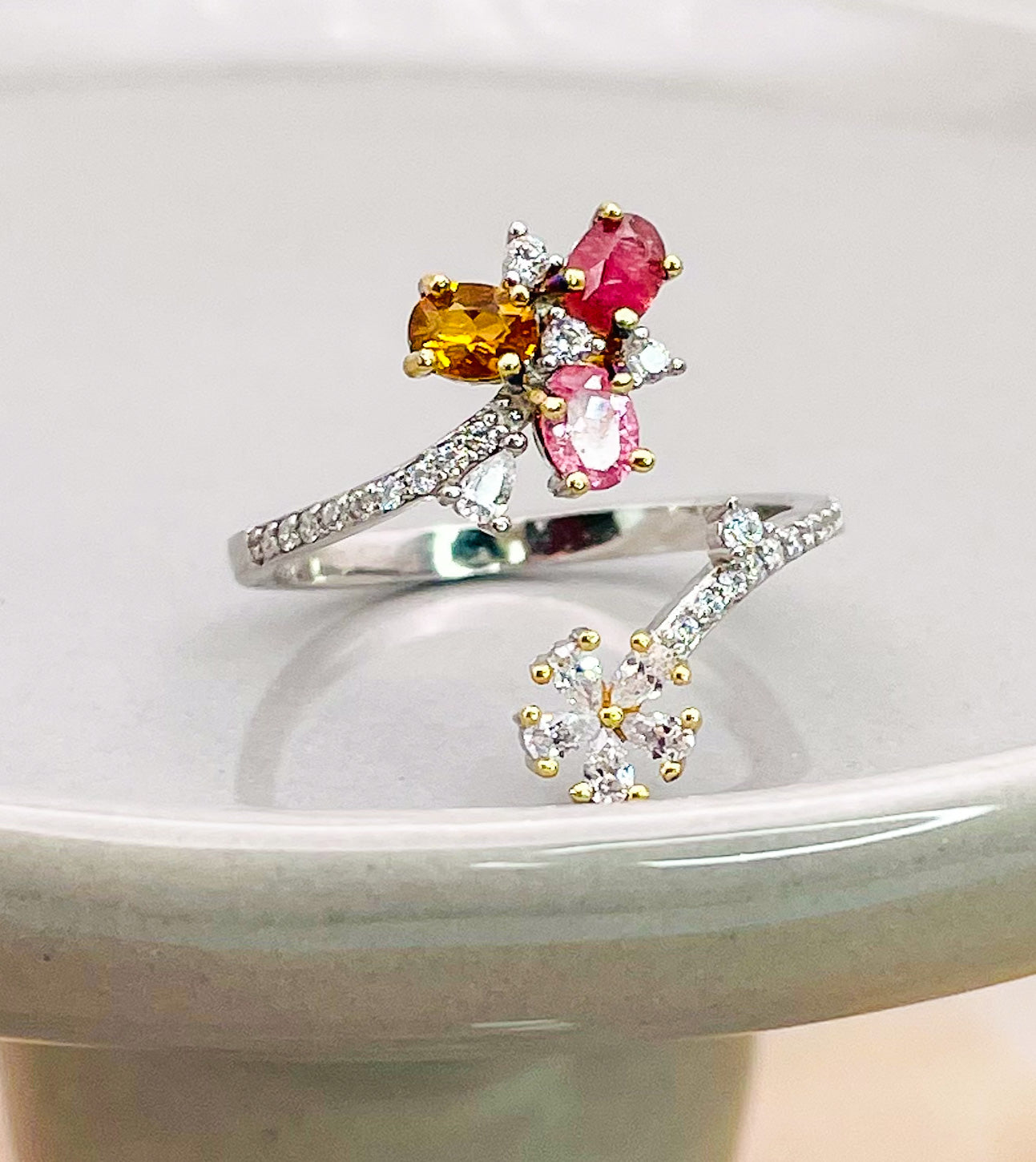 Sterling Silver Natural Tourmaline & Moissanite Diamond Wrap Around Floral Ring