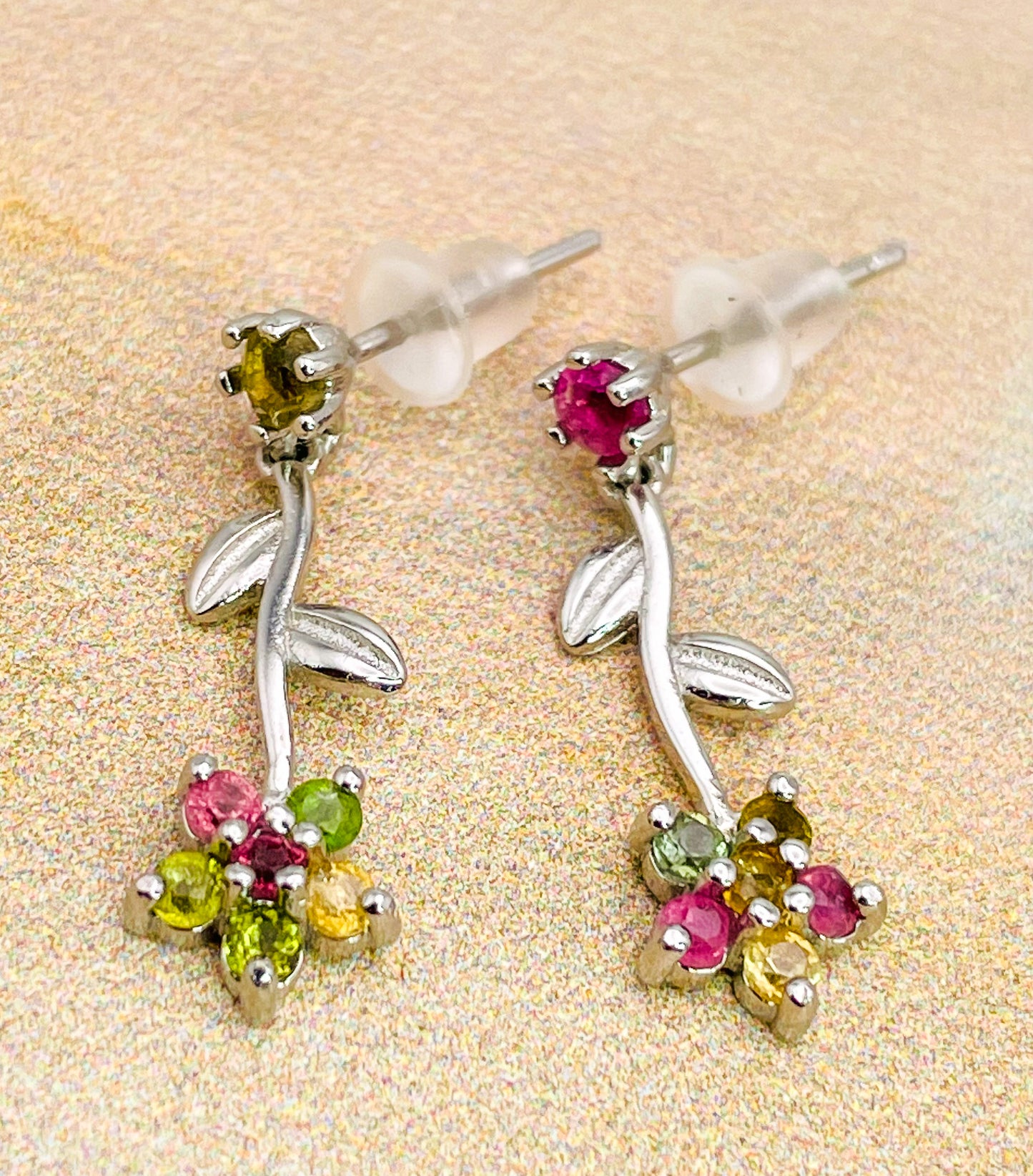 Sterling Silver Natural Tourmaline Flower Dangle Stud Earrings