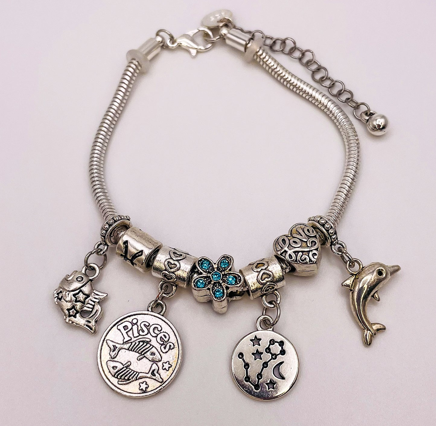Pisces Sterling Silver Snake Charm Bracelet