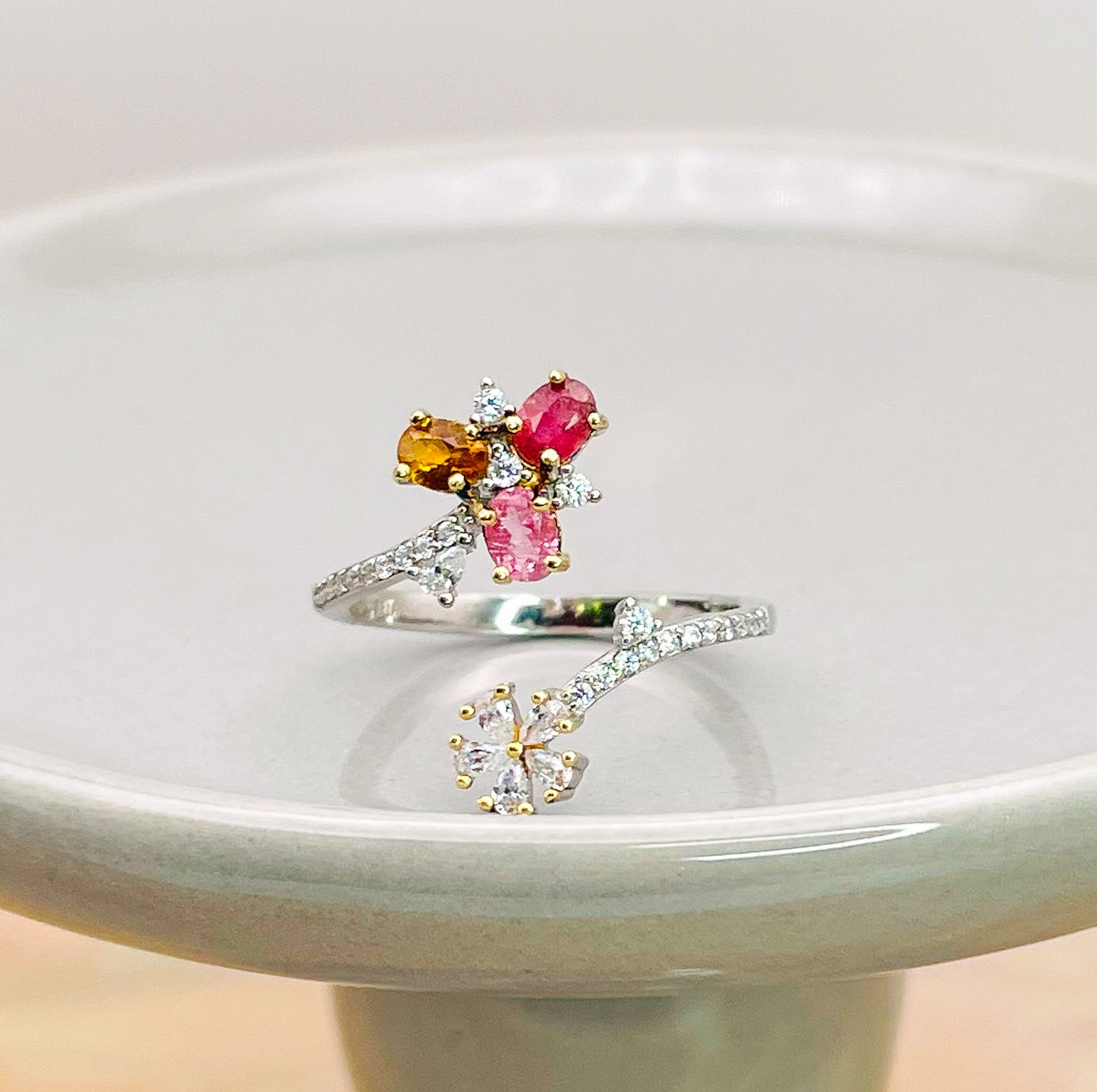 Sterling Silver Natural Tourmaline & Moissanite Diamond Wrap Around Floral Ring