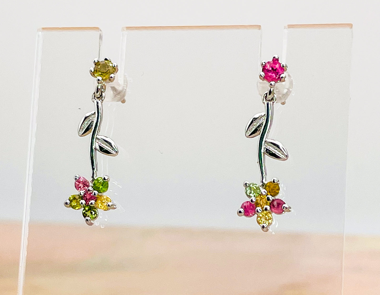 Sterling Silver Natural Tourmaline Flower Dangle Stud Earrings