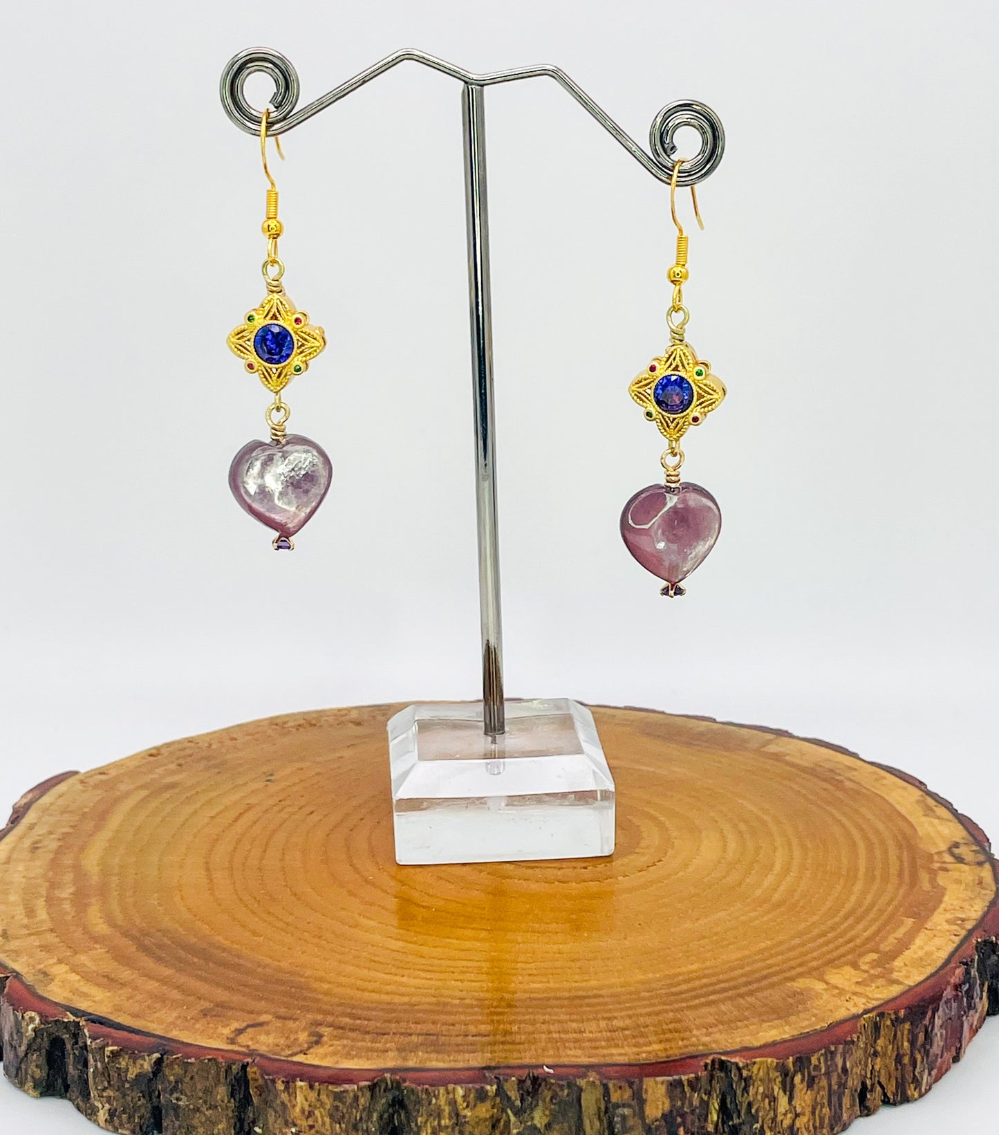 Natural Lepidolite Heart Gold Earrings