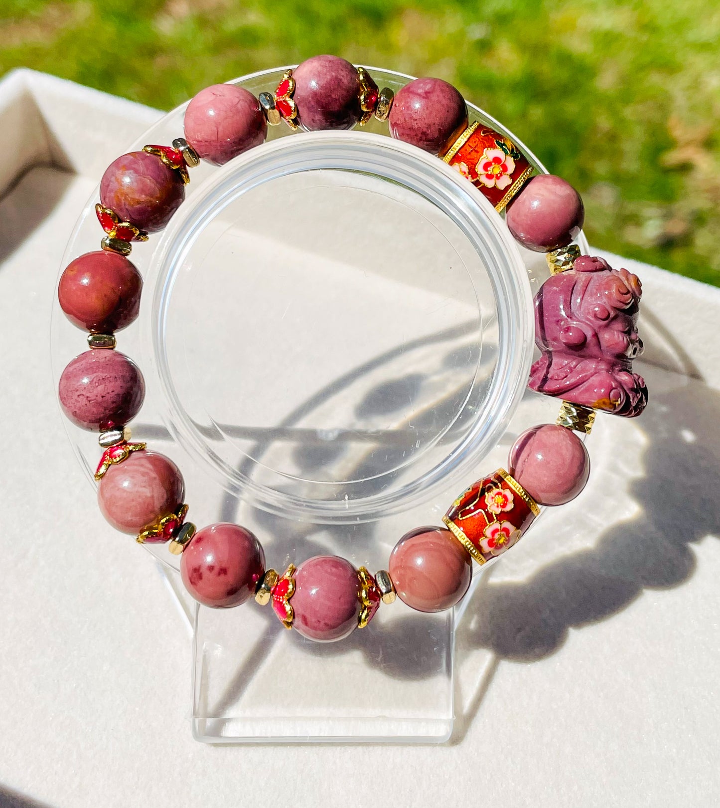 Natural Red Alashan Agate Skull Panda Baby Crystal Carving Beaded Stretch Adjustable Bracelet with 999 Gold Charm Spacers